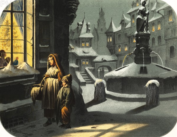 Two poor children, boy and girl, watching from the street a festively decorated Christmas tree in a