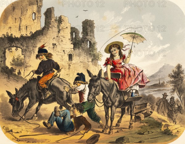 Children have fun riding on two donkeys, castle ruins in the background, stubborn donkeys throw off