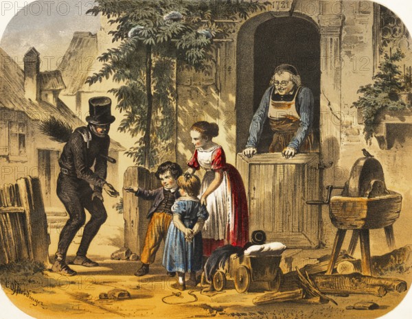 Village scene with chimney sweep, woman with two small children paying the chimney sweep, black