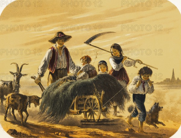 Family returns home with wheelbarrow full of grass, woman carries scythe to mow, man pushes full
