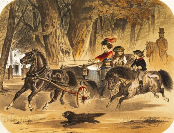 Wild ride with the open horse-drawn carriage, whip, woman steers, girl sitting in carriage, child