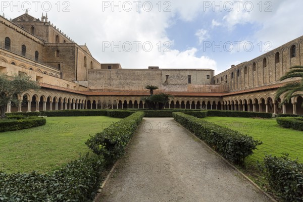 Famous Benedictine monastery cloister, courtyard garden, Norman architecture, Monreale Cathedral,