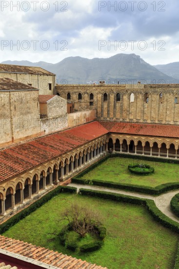 Famous Benedictine monastery cloister, courtyard garden, Norman architecture, Monreale Cathedral,