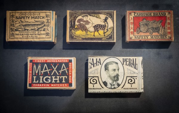 Matchboxes with old label design and different motifs, Tändsticksmuseet matchstick museum or match