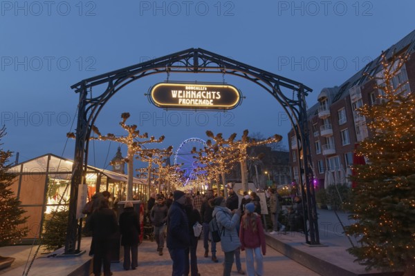 Christmas market in Düsseldorf's old town, Roncalli's Christmas promenade, evening, Düsseldorf,