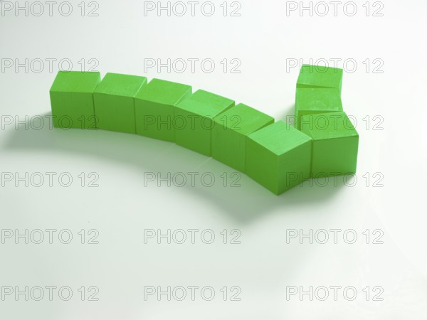 9 green wooden cubes against a white background