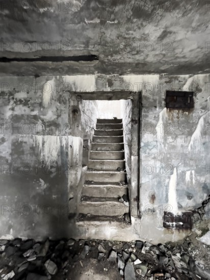 Old Wehrmacht anti-aircraft bunker from the Second World War with worn stairs in a dilapidated,