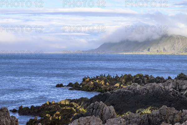 Atmospheric coastal landscape with cloudy sky over a vast sea on the coastal road in the north of