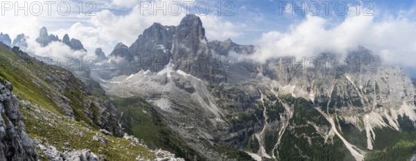 View of picturesque mountain landscape with rocky peaks, Cima Tosa peaks in the back, Via Ferrata