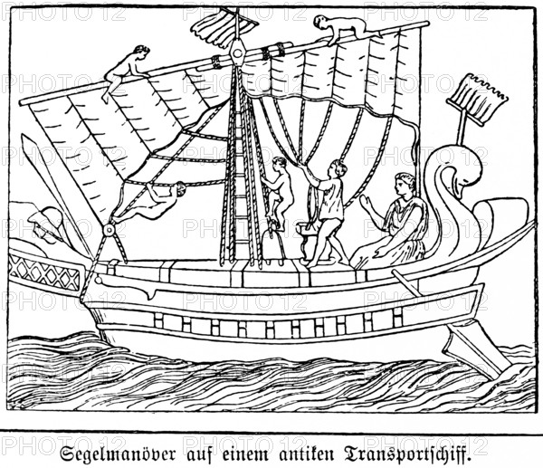 Sailing manoeuvres on an antique transport ship, central mast with wind vane, naked men setting