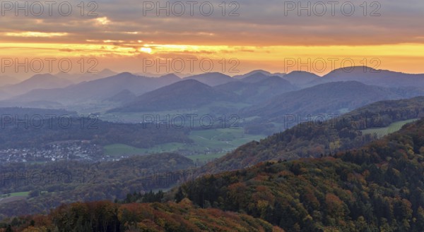 View of an autumnal forest from the Gisliflue, behind the Jurassic foothills in the light of the