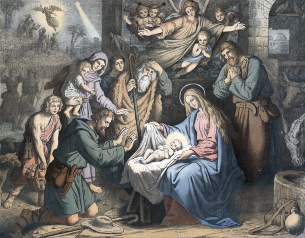 Scene from the biblical story, The Birth of Jesus, authentic reproduction of a school mural,