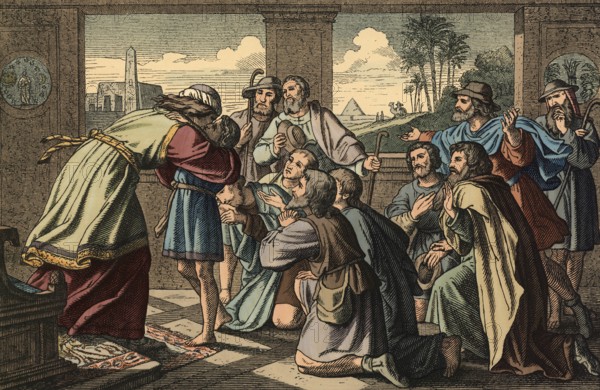 Scene from the biblical story, Joseph reveals himself to his brothers, authentic reproduction of a