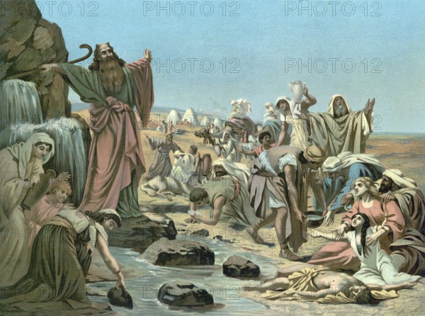 Scene from the biblical story, Moses knocks water out of the rock, a central miracle in the Old
