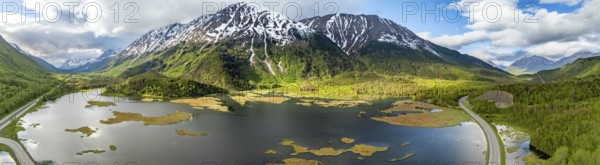 Lake Tern Lake and mountain landscape, aerial view, Moose Pass, Kenai Peninsula, Alaska, USA