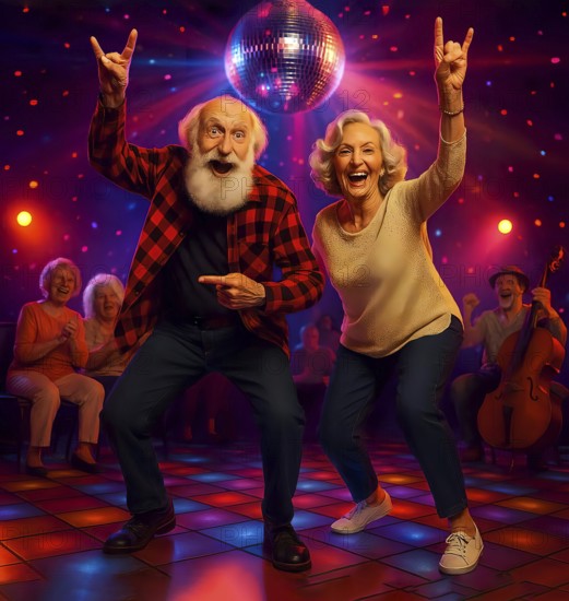 Two mobile seniors, an old man and an old woman dance enthusiastically to fast music, symbolic