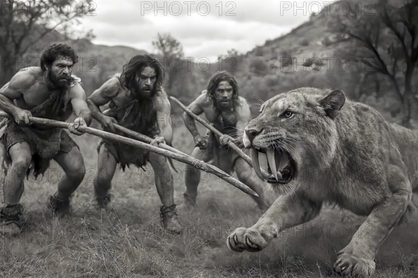 A sabre-toothed tiger, sabre-toothed cat, Smilodon (Machairodontinae) is attacked by prehistoric