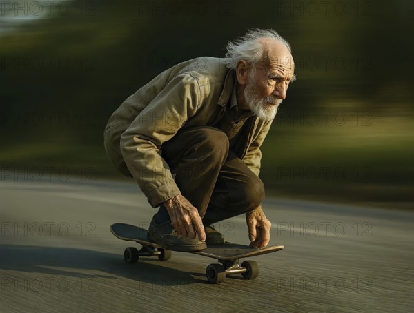 An old bearded man rides on a skateboard at high speed, symbolic image sport, old age sport, roller