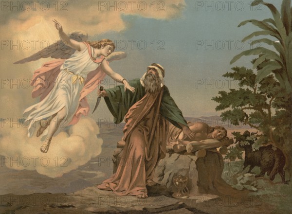 Scene from the biblical story, God asks Abraham to sacrifice his beloved son Isaac on Mount Moriah