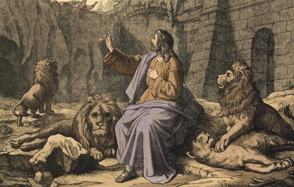 Scene from the biblical story, Daniel in the lion's den, well-known biblical story in which the