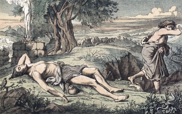 Scene from the biblical story, Cain and Abel, a central story from Genesis, the Bible, in which the