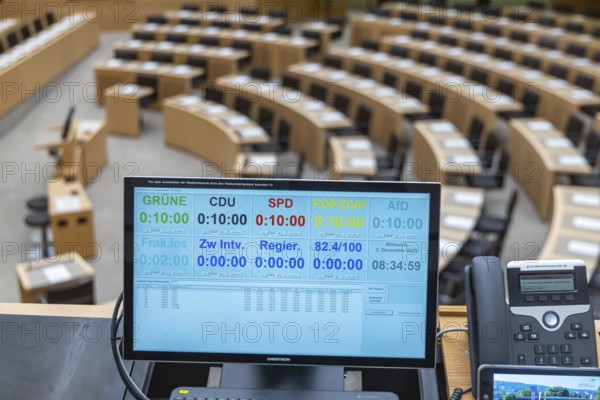 Plenary hall deserted with the seats of deputies and the government bank. Behind it is the