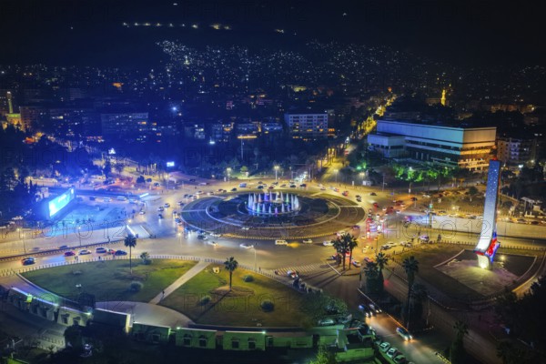 In Damascus, Syria, on December 29, 2025, nighttime drone footage shows the Syrian capital fully