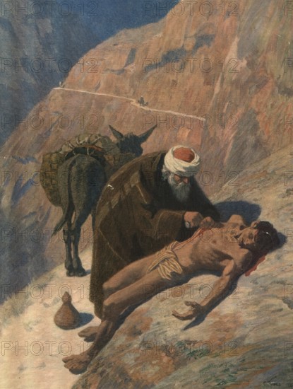 Scene from the biblical story, The Parable of the Good Samaritan is one of the most famous stories