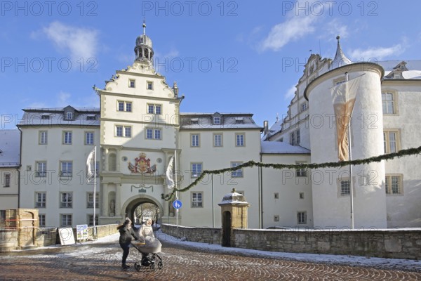 Portal of the Teutonic Order Castle in winter with snow, Castle, Bad Mergentheim, Tauber Franconia,