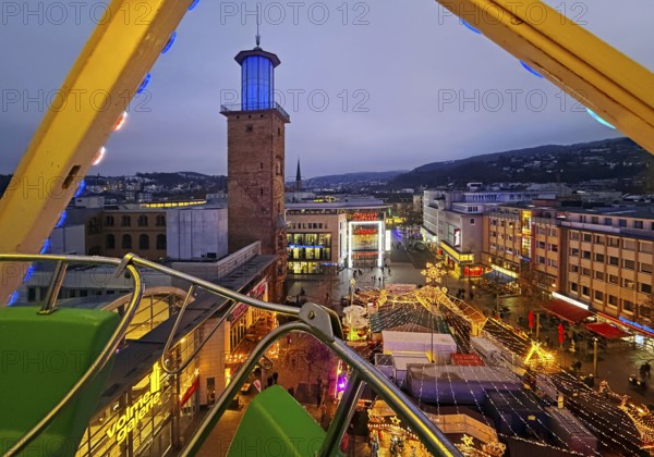 View of the town hall tower with the Christmas market from a Ferris wheel gondola, Hagen, Ruhr