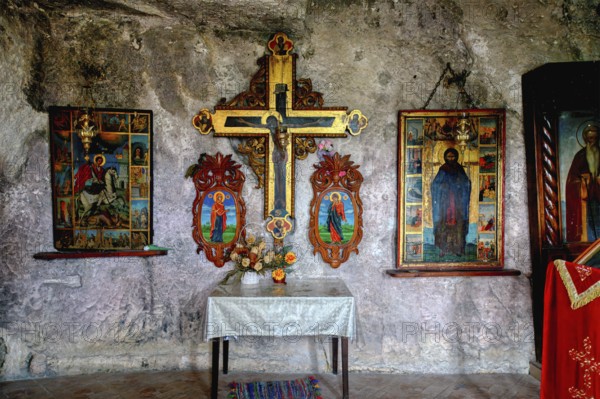 Bulgarian Orthodox Rock cave Monastery of Saint Dimitar Basarbowski, Cave chapel, Basarbovo,
