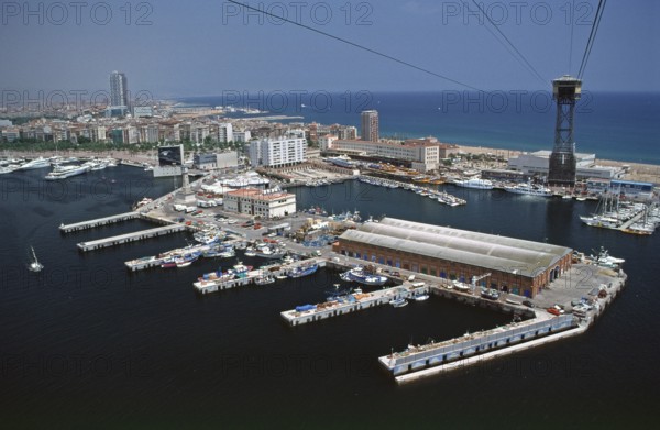 View from cable car to harbour and Torre Sant Sebastiá, Barcelona, Spain, June 1999, vintage,