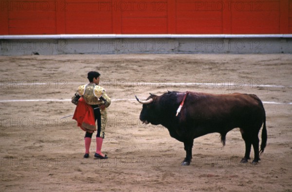 Bullfight, torero, matador, capote, bull, arena, Barcelona, Spain, June 1999, vintage, retro, old,