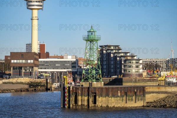 Skyline of Bremerhaven, seen across the Weser, lighthouse at the mouth of the Geeste, harbour of