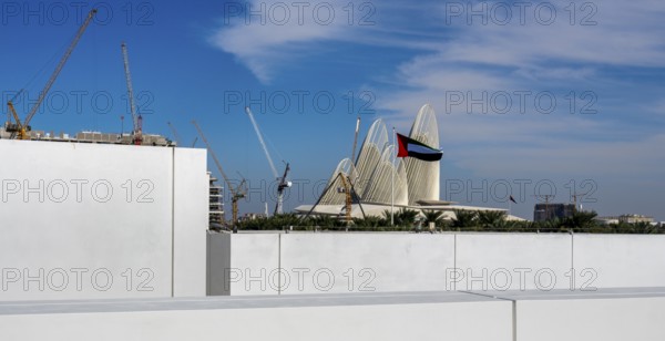 View of a construction site and roof of the Zayed National Museum, Saadiyat Island, Abu Dhabi,