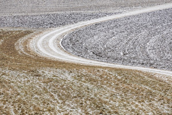 Winter landscape in the Swabian Jura. There is hoarfrost in the fields. Münsingen,