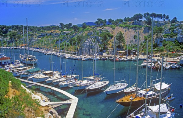 Marina, boats, Port-Miou bay, Massif des Calanques, Bouches-du-Rhône department, southern France,