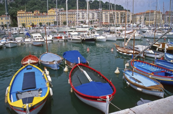 Colorful boats, marina, Nice, Cote d'Azur, Mediterranean, southern France, June 1999, vintage,