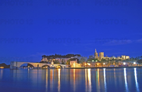 Avignon at night, bridge, Rhône river, Provence, southern France, France, June 1999, vintage,