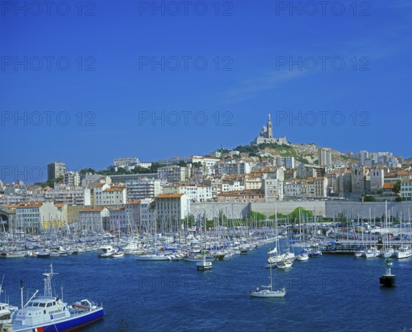 Boats, Vieux Port and Notre Dame, Marseille, southern France, June 1999, vintage, retro, old,