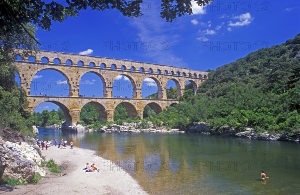 Beach, Gardon river, Pont du Gard near Avignon, southern France, June 1999, vintage, retro, old,