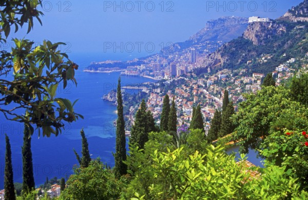 Panoramic view of Monaco, the Hotel Vistäro and Roquebrune-Cap-Martin, Côte d'Azur, Mediterranean,