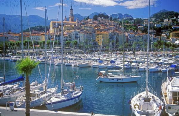 Old town and marina, Menton, Cote d'Azur, Mediterranean, southern France, June 1999, vintage,