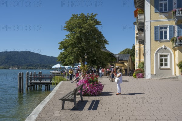 Historic town hall, tourists on the promenade on the shores of Tegernsee, town of Tegernsee, Upper