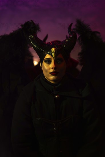 Teufelin, woman with horns, murmurs, winter, Waldburg Castle, Waldburg, Allgäu, Baden-Württemberg,