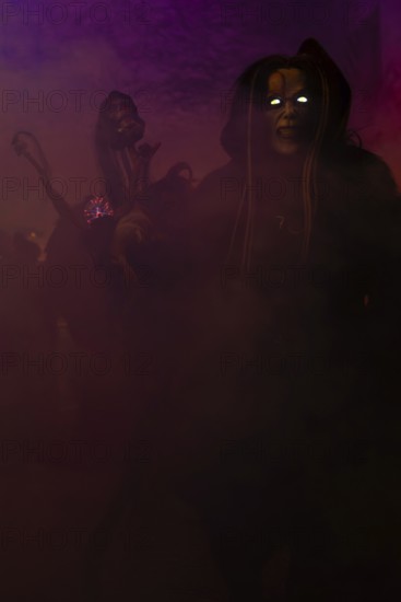 Krampus with glowing eyes, fog, murmurs, winter, Waldburg Castle, Allgäu, Baden-Württemberg,