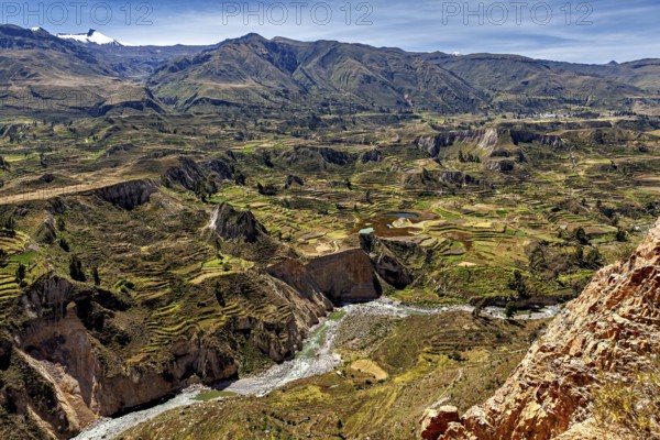 Terraced fields and a river surrounded by mountains under clear skies, the landscape of the Colca
