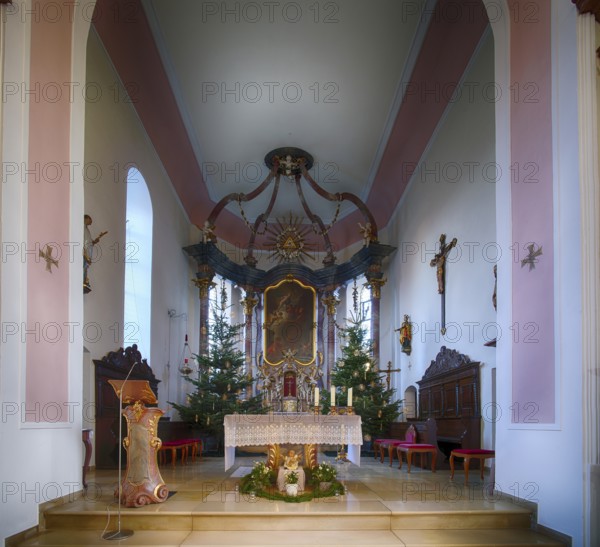 Interior view, choir room, altar, Catholic Saint Barbara church from 1783, baroque, Christmas