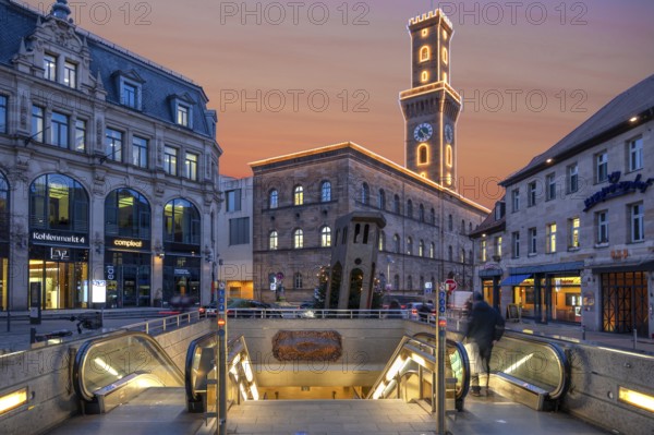 Fürth Town Hall in evening lighting, the tower is imitated the tower of the Palazzo Vecchio in