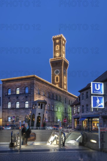 Illuminated Fürth Town Hall during Christmas time in the evening, Fürth, Middle Franconia, Bavaria,